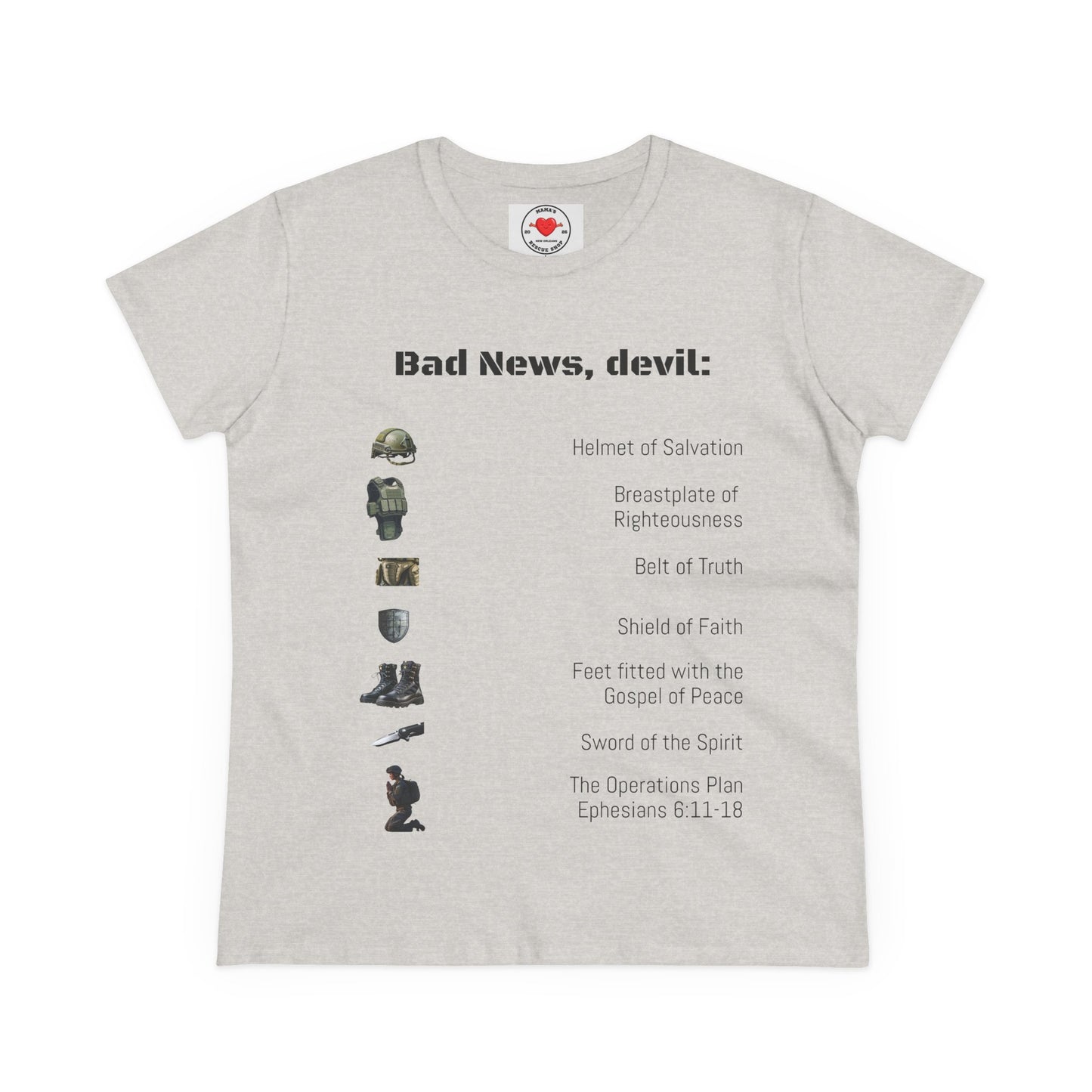 Amor of God Women's Graphic Tee - 'Bad News, Devil' - Casual Wear, Gift for Her, Humor Top, Everyday Fashion, Unique Statement Shirt