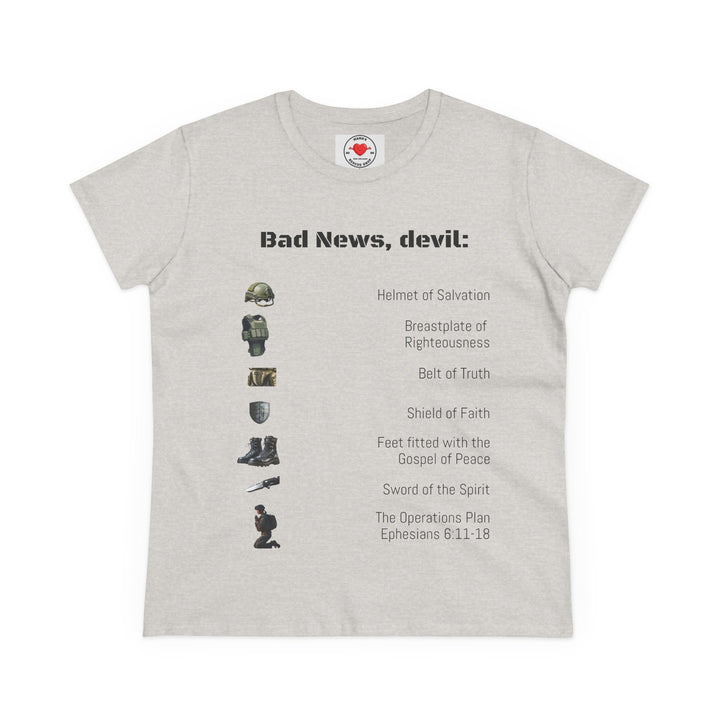 Amor of God Women's Graphic Tee - 'Bad News, Devil' - Casual Wear, Gift for Her, Humor Top, Everyday Fashion, Unique Statement Shirt