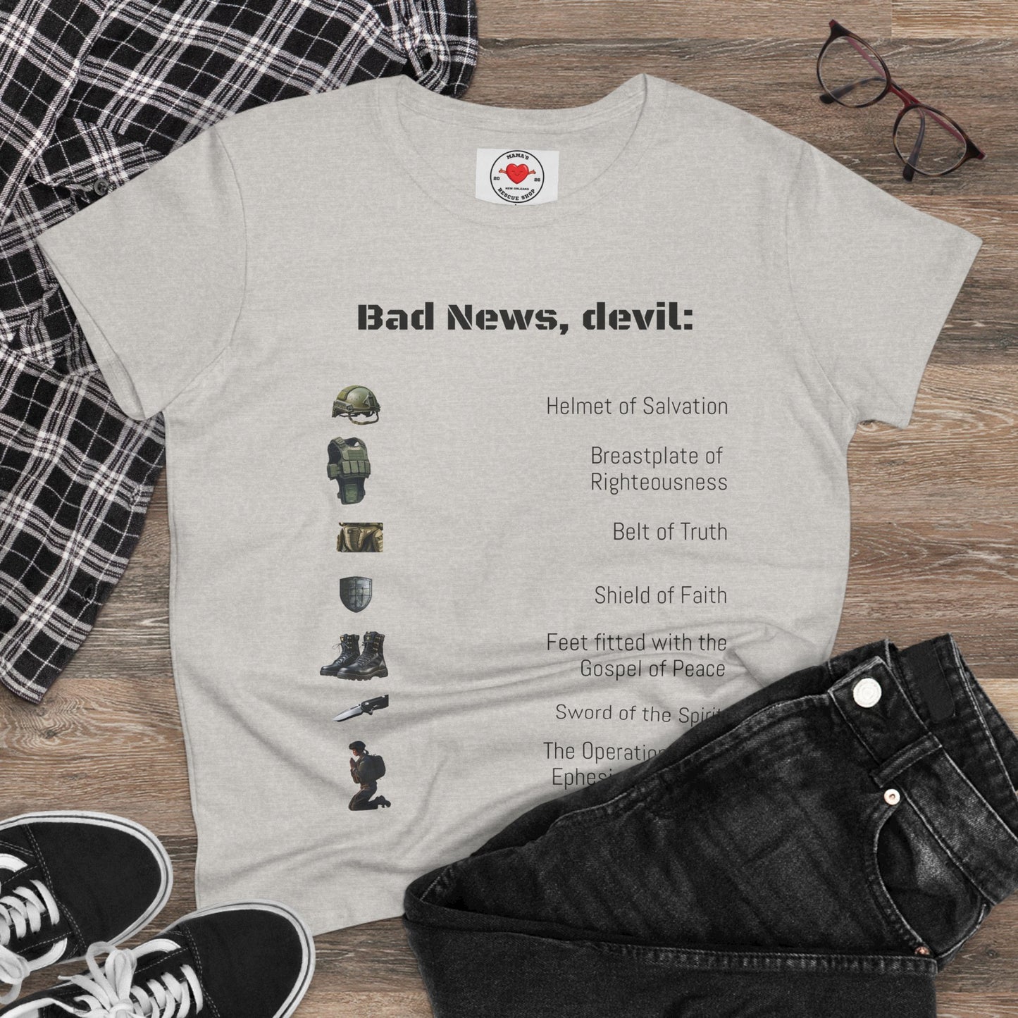 Amor of God Women's Graphic Tee - 'Bad News, Devil' - Casual Wear, Gift for Her, Humor Top, Everyday Fashion, Unique Statement Shirt