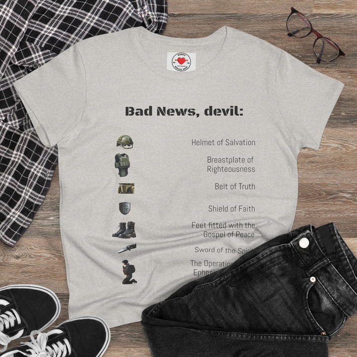 Amor of God Women's Graphic Tee - 'Bad News, Devil' - Casual Wear, Gift for Her, Humor Top, Everyday Fashion, Unique Statement Shirt