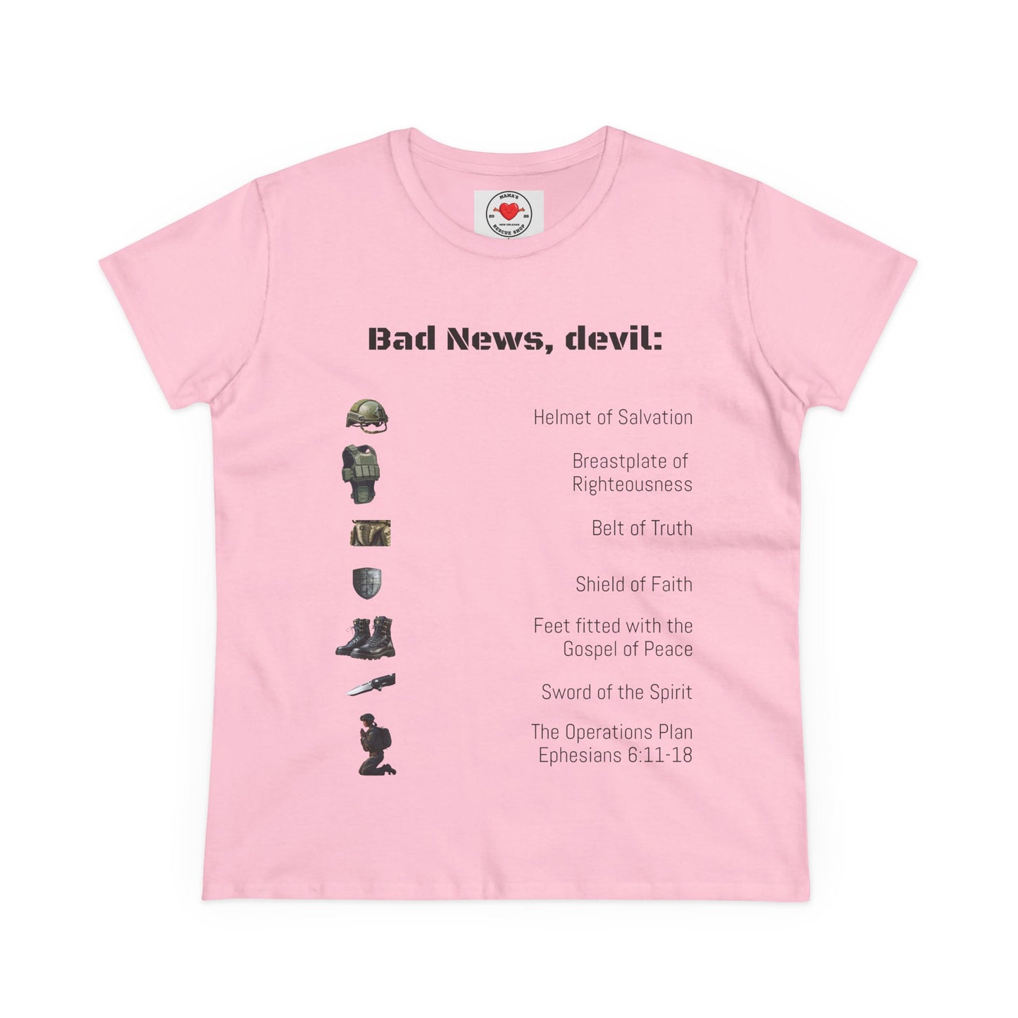 Amor of God Women's Graphic Tee - 'Bad News, Devil' - Casual Wear, Gift for Her, Humor Top, Everyday Fashion, Unique Statement Shirt