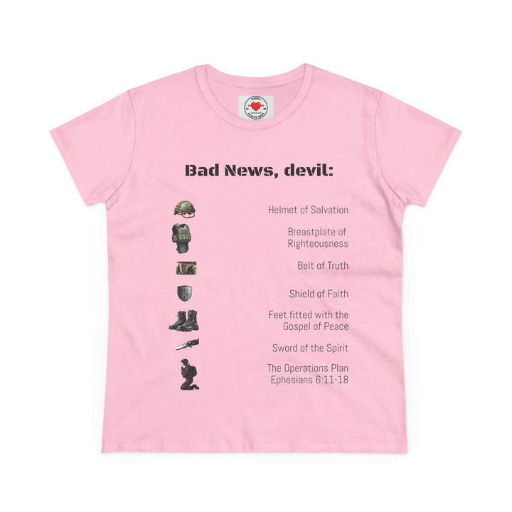 Amor of God Women's Graphic Tee - 'Bad News, Devil' - Casual Wear, Gift for Her, Humor Top, Everyday Fashion, Unique Statement Shirt