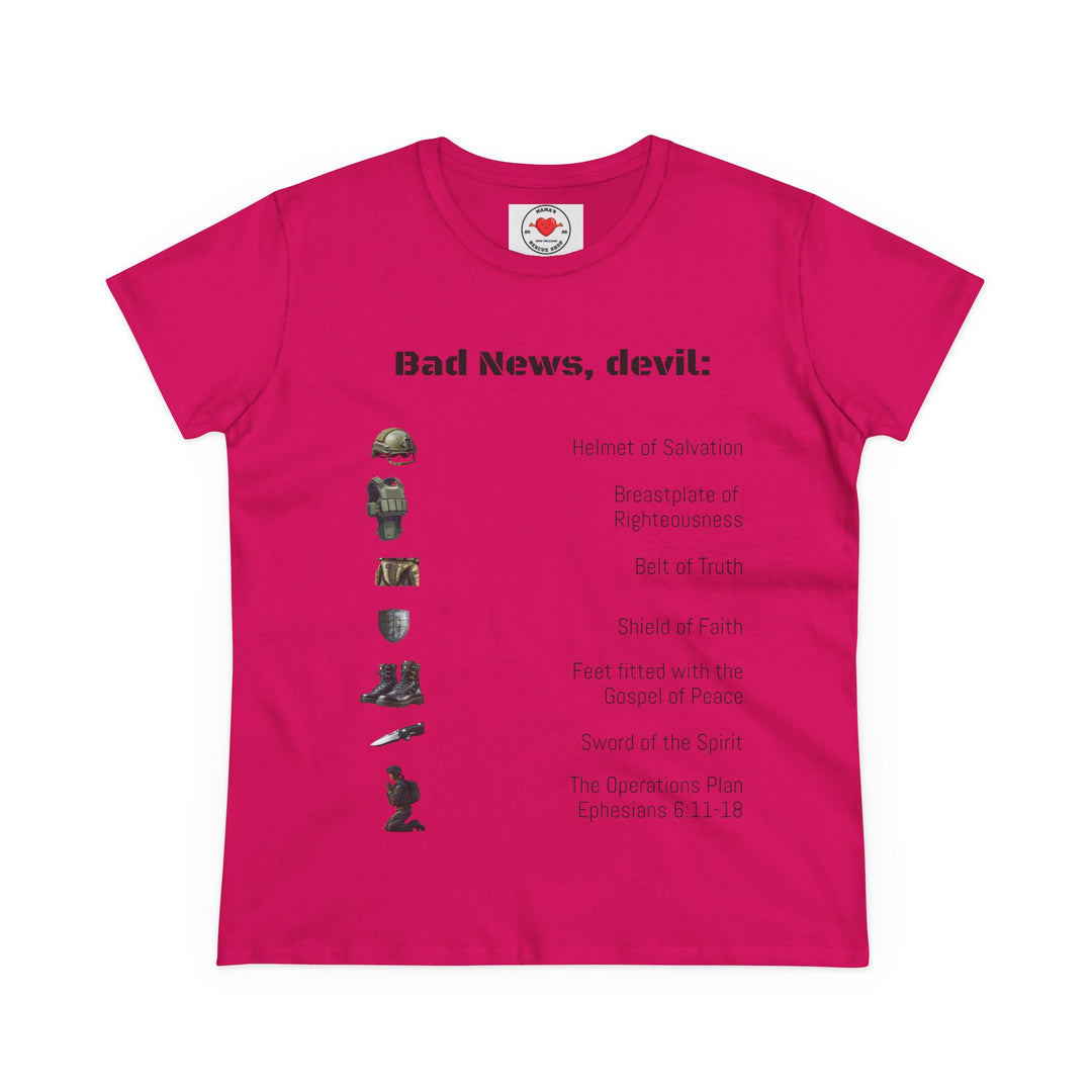 Amor of God Women's Graphic Tee - 'Bad News, Devil' - Casual Wear, Gift for Her, Humor Top, Everyday Fashion, Unique Statement Shirt