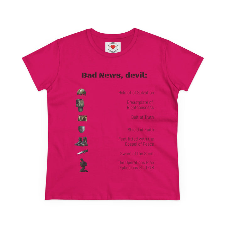 Amor of God Women's Graphic Tee - 'Bad News, Devil' - Casual Wear, Gift for Her, Humor Top, Everyday Fashion, Unique Statement Shirt