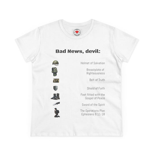 Amor of God Women's Graphic Tee - 'Bad News, Devil' - Casual Wear, Gift for Her, Humor Top, Everyday Fashion, Unique Statement Shirt